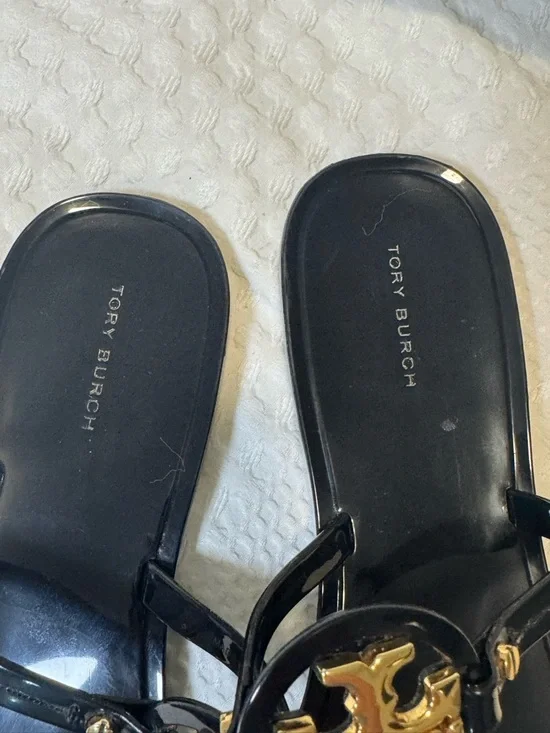 Tory Burch Black Jelly Logo Thong Sandals with Gold Emblem - Picture 4 of 6
